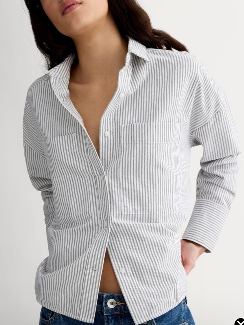 Everlane The Boxy Oxford Black And White Stripe 100% Organic Cotton Top Size L - Picture 4 of 12
